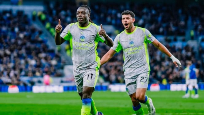 Jeremy Doku menjadi penyelamat Manchester City dari kekalahan melawan Everton.