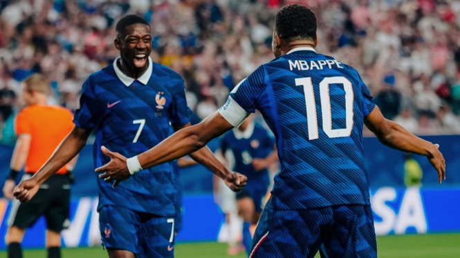 Mbappe dan Dembele merayakan kemenangan Prancis atas Iras di Piala Dunia 2026.