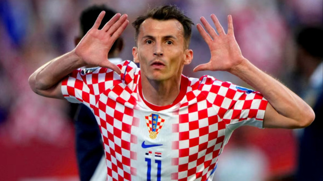 Ante Budimir merayakan gol Kroasia atas Panama di Piala Dunia 2026.