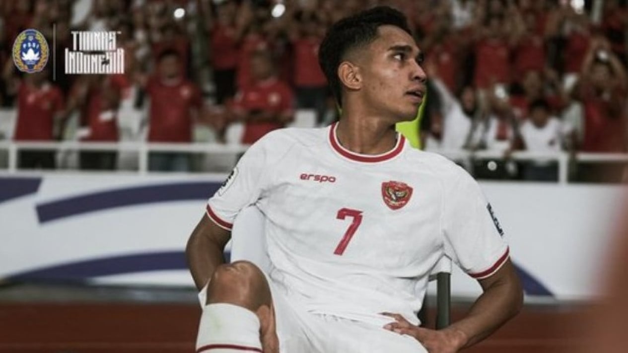 Selebrasi Marselino Ferdinan usai mencetak gol ke gawang Arab Saudi.