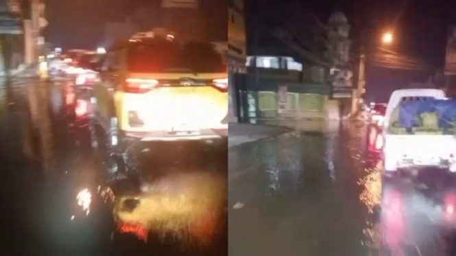 Macet akibat perempatan Mampang Depok kebanjiran