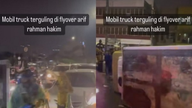 Truk terbalik di Jalan Arif Rahman Hakim Depok