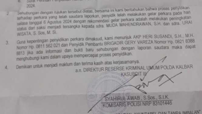 Surat Penetapan Tersangka Mantan Bupati Kubu Raya Muda Mahendrawan