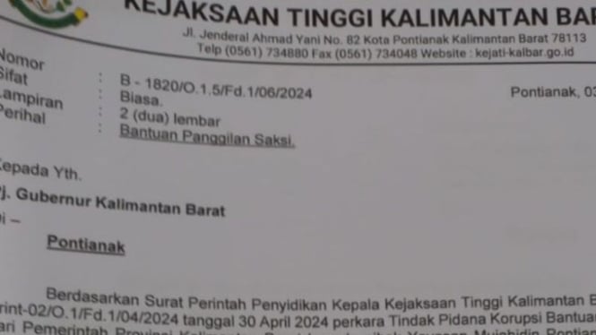 Surat panggilan dari Kejati Kalbar untuk S dan Ketua TAPD Kalbar