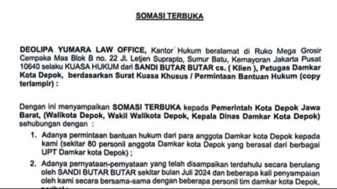 Somasi terbuka pegacara anggota Damkar untuk Wali Kota Depok