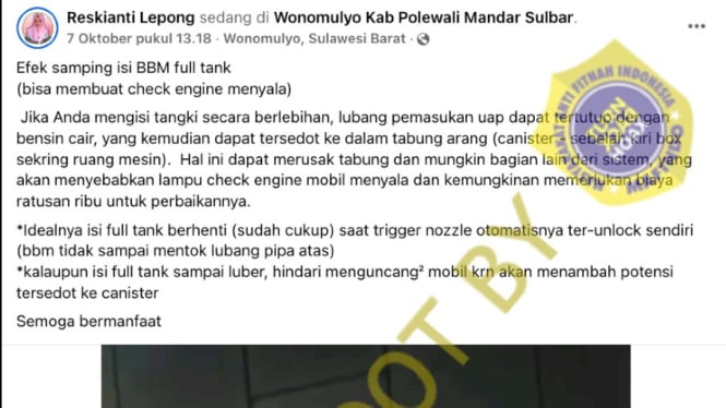 Tangkapan layar narasi efek isi BBM penuh