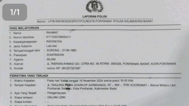 Bukti Laporan Dugaan Penganiayaan di Polresta Pontianak