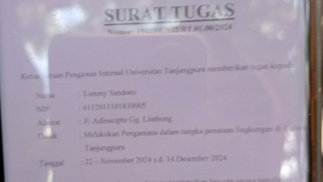 Surat Tugas TS untuk pengamanan penataan lingkungan Untan Pontianak