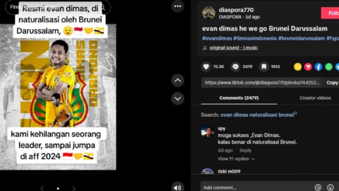 Tangkapan layar Evan DImas dinaturalisasi Brunei