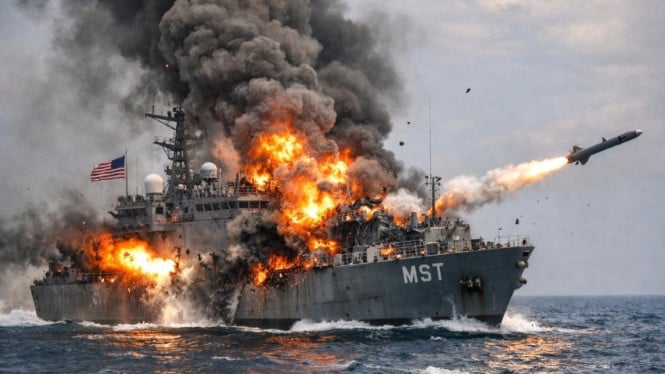 Kapal perang Amerika rusak kena rudal Iran