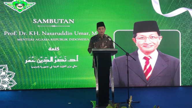 Menteri Agama Nasaruddin Umar saat memberikan sambutan di peresmian IAI Al Irsyad, Jakarta Selatan, Kamis (11/6/2026).
