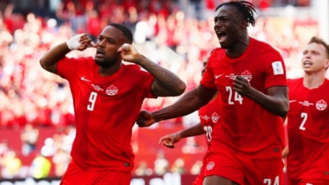 Selebrasi gol pemain Kanada saat lawan Bosnia Herzegovina di Piala Dunia 2026.