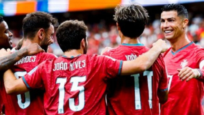 Perayaan gol pemain Portugal saat lawan Uzbekistan di Piala Dunia 2026.