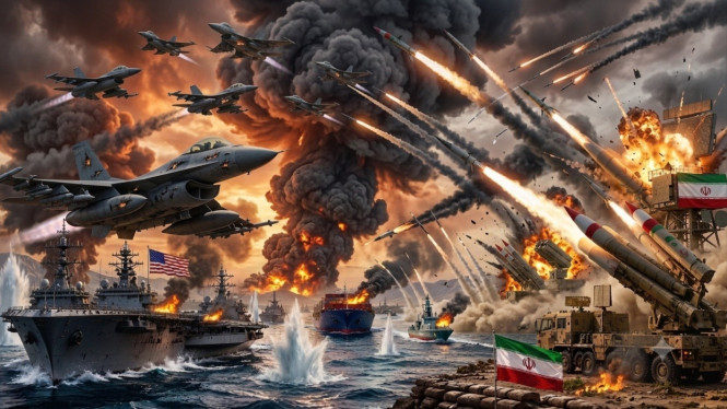 Potret ilustrasi perang Iran dan Amerika Serikat (AS).
