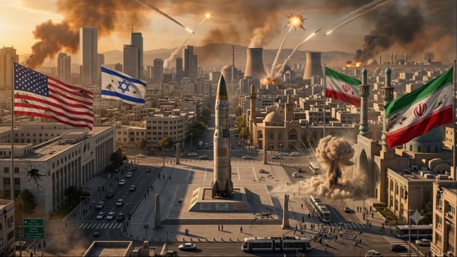 Potret ilustrasi perang Iran vs Amerika Serikat (AS) dan Israel.