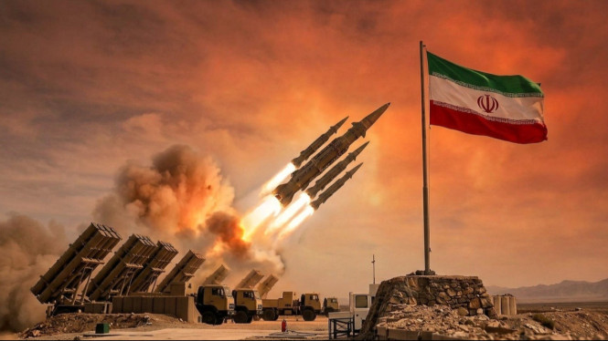 Potret ilustrasi serangan rudal Iran ke markas AS.