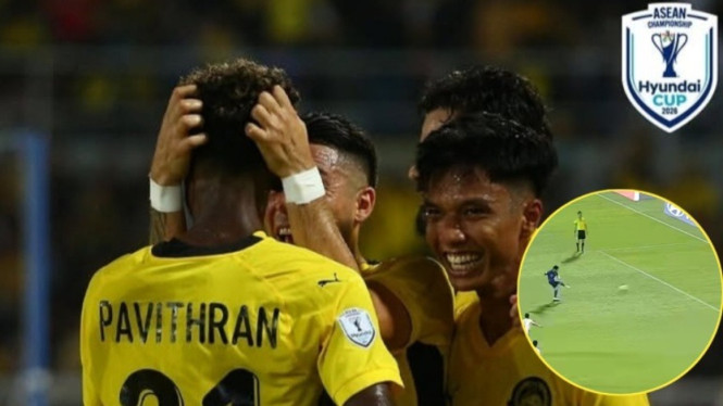 Perayaan gol pemain Malaysia saat lawan Filipina di Piala AFF 2026. Inzet: Gol Thailand ke gawang Myanmar.