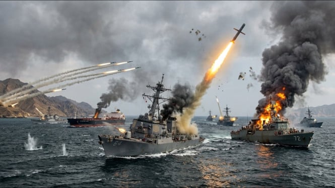 Potret ilustrasi konflik bersenjata di Selat Hormuz.