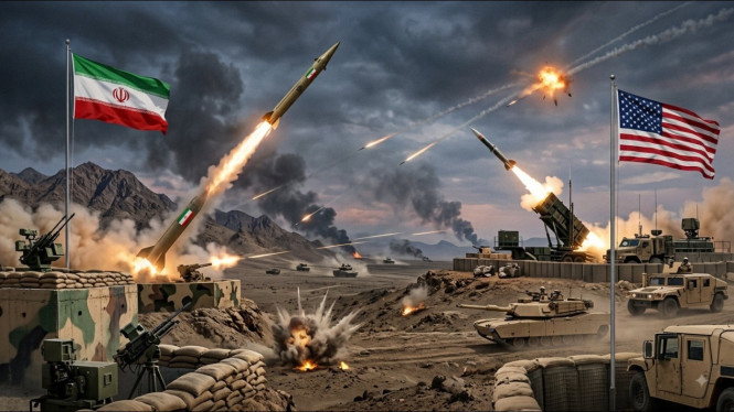 Potret ilustrasi perang Iran dan Amerika Serikat (AS).
