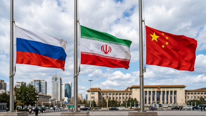 Potret ilustrasi dukungan Rusia dan China terhadap Iran atas tekanan AS.