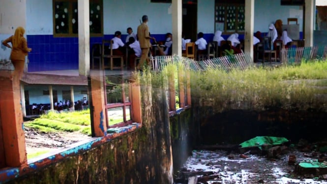 Kolase foto pelajar SDN 95 Campagaya belajar di luar ruangan.