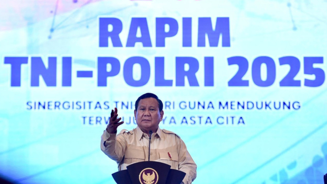 Presiden RI, Prabowo Subianto saat Rapim TNI-Polri 2025