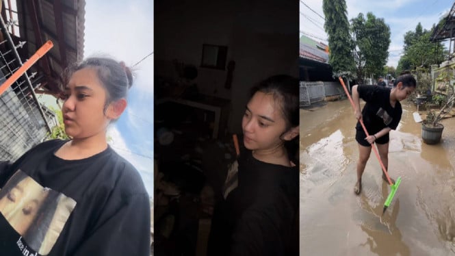 Selebritas Ziva Magnolya membersihkan lumpur banjir