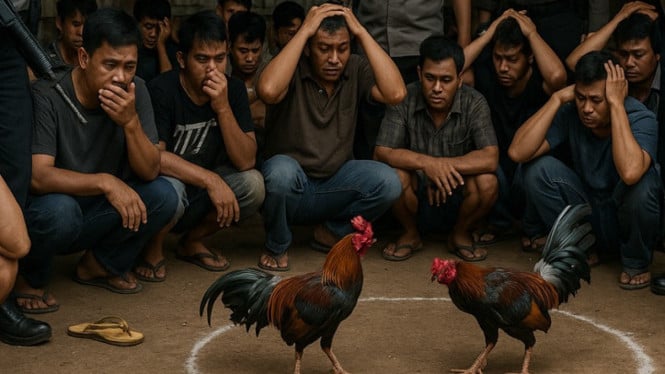 Ilustrasi AI Para Pelaku Judi Sabung Ayam Digerebek