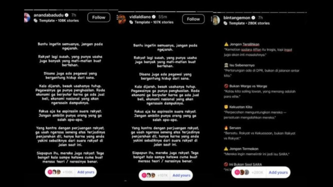Kolase unggahan IG Ananda Badudu, Vidi Aldiano, dan Bintang Emon