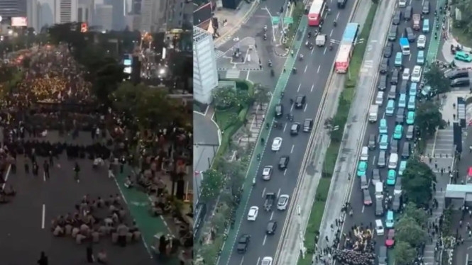 Ilustrasi massa dan kemacetan imbas jalan ditutup gegara demo di Bundaran HI, Jakarta Pusat pada Senin 15 Juni 2026