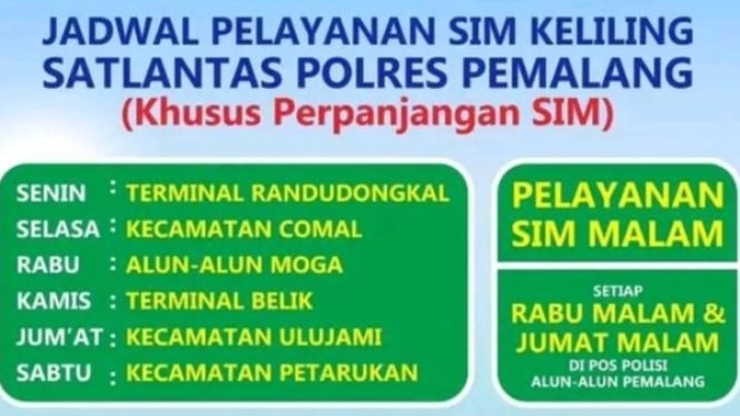 Jadwal terbaru SIM Keliling Pemalang.