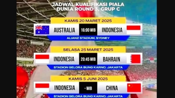 Jadwal timnas Indonesia lawan Australia, Bahrain dan China.