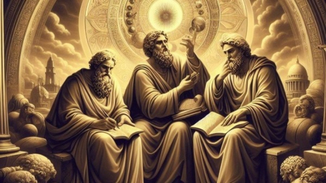 Thales, Anaximander, dan Pythagoras.
