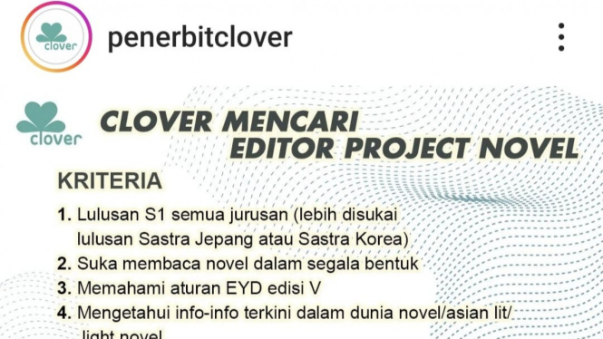 Penerbit Clover buka lowongan editor