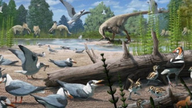Ilustrasi Burung dari Periode Cretaceous dengan Dinosaurus