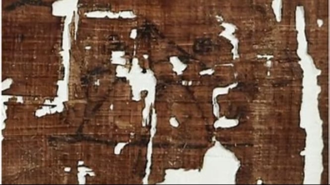 Fragmen papirus asli dari Wina. Garis-garis tinta yang rusak tersebut merupakan bagian dari diagram untuk menghitung volume limas beralas persegi.