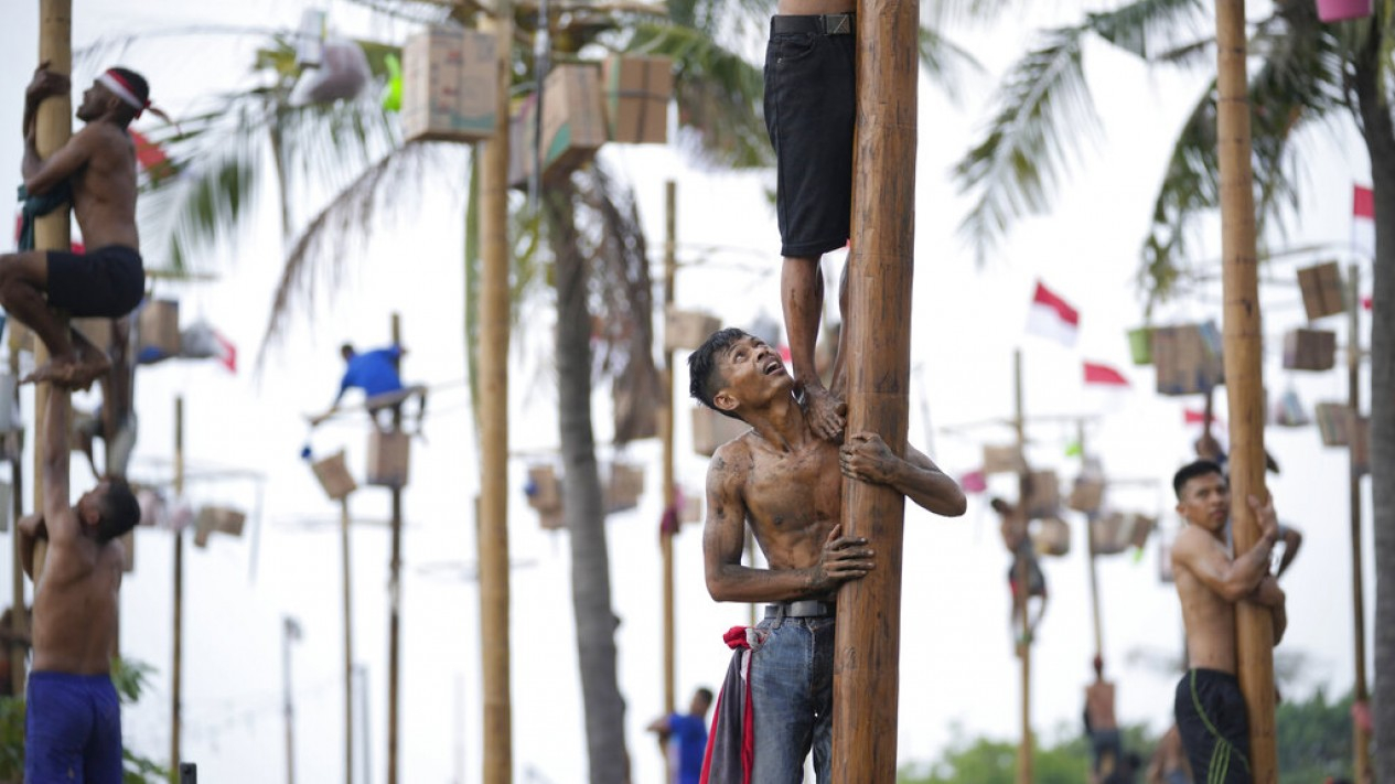 Meriahnya Lomba Panjat Pinang HUT RI ke-77 di Ancol