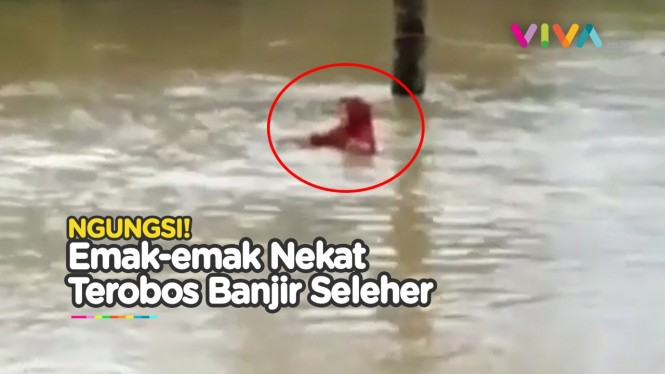 Emak-emak Terobos Banjir Seleher di Kalimantan Selatan