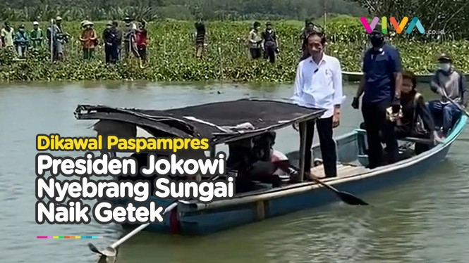 Jokowi Nyebrang Naik Getek Dikawal Paspampres