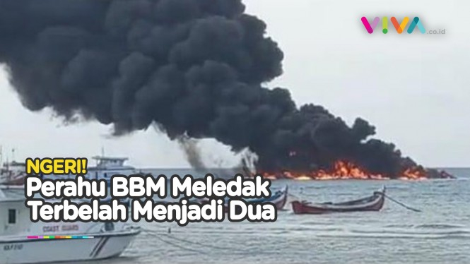 BERKOBAR! Perahu BBM Terbakar dan Meledak di Perairan Madura