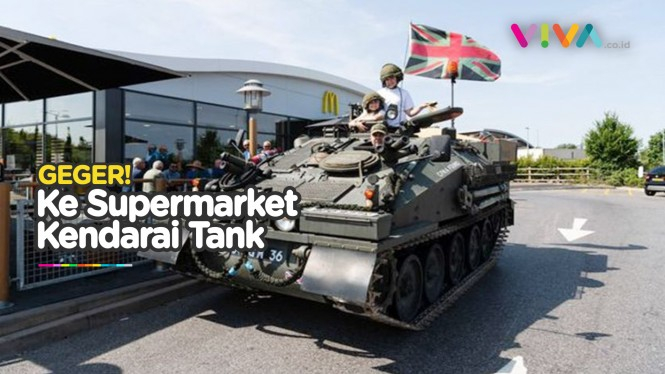 Pria Ajak Anak-anaknya Belanja ke Supermarket Naik Tank